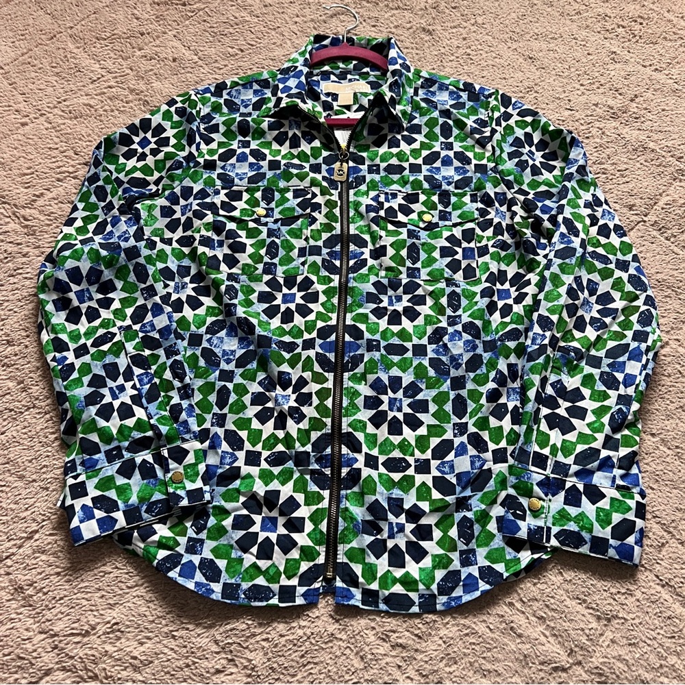 NWT Michael Kors Abstract Full Zip Blouse Preppy Capsule Whimsical Luxury Size M